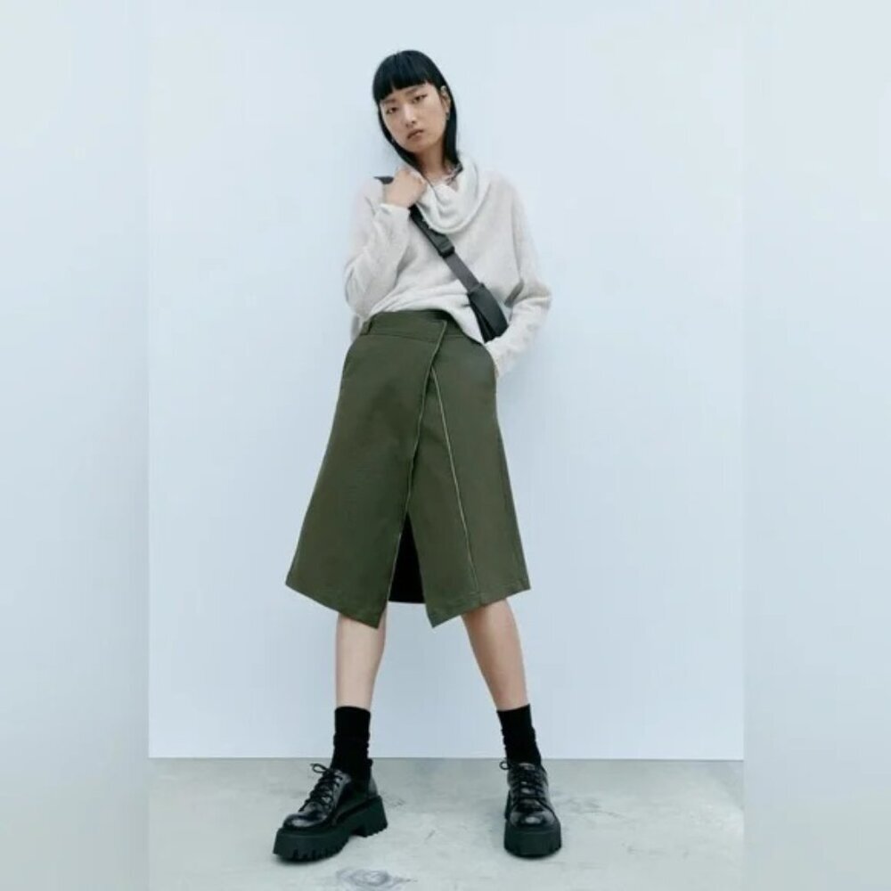 Zara Asymmetrical‎ Zipper Khaki Midi Skirt Womens Size XS